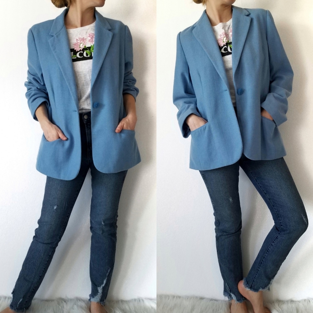 Vtg Sag Harbor 100% Wool Oversized Boyfriend Blazer Powder Blue